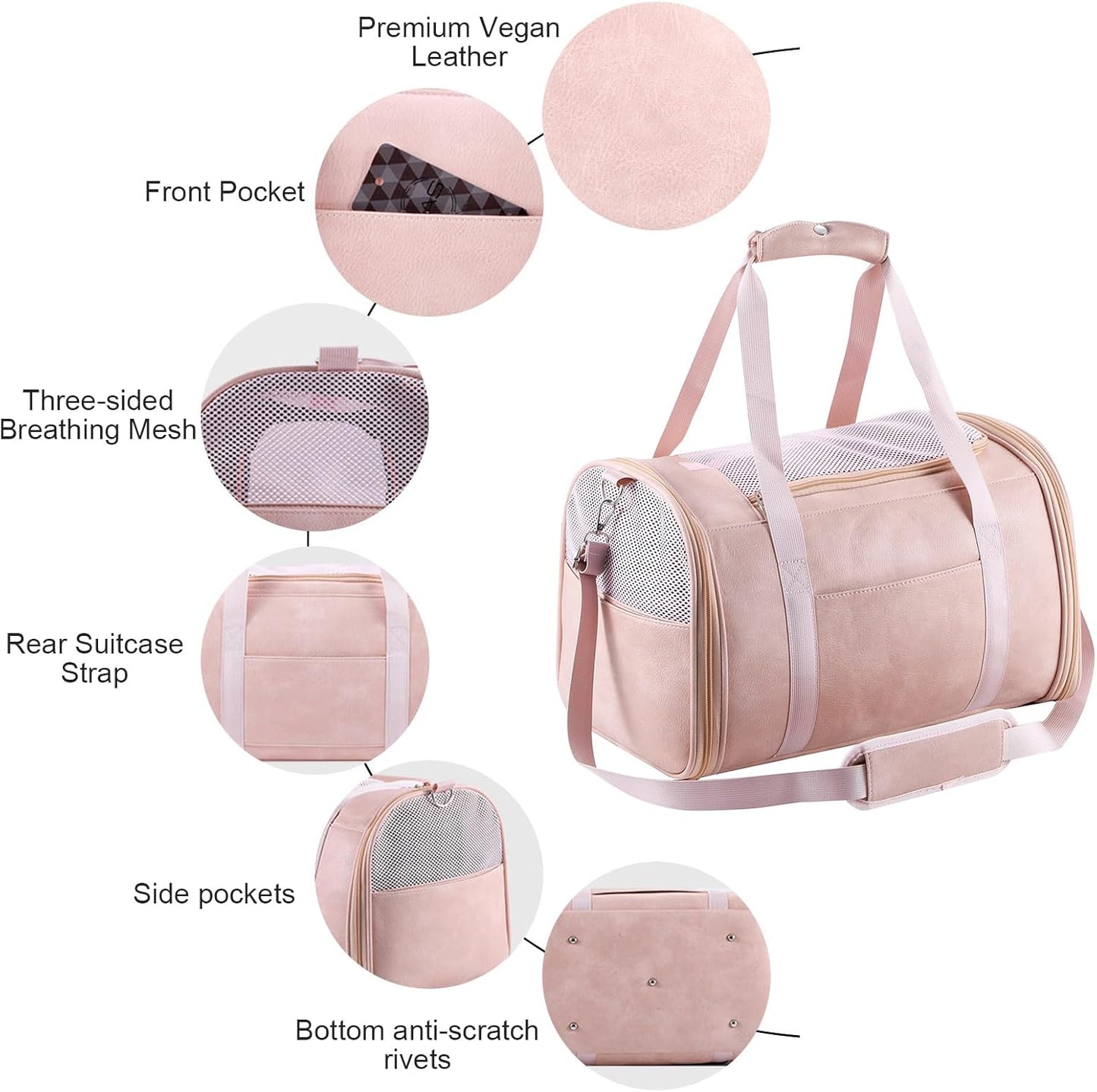 Fashion Leather Dog Carrier Cat Carrier Airline Approved Pet Carrier for Small Medium Dogs Cats Under 15Lbs, Collapsible Soft Sided Travel Puppy Carrier Pink