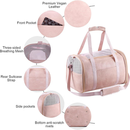 Fashion Leather Dog Carrier Cat Carrier Airline Approved Pet Carrier for Small Medium Dogs Cats Under 15Lbs, Collapsible Soft Sided Travel Puppy Carrier Pink