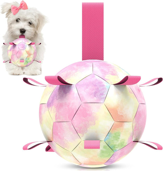 QDAN Dog Balls, Dog Soccer Ball with Straps, Puppy Toy Balls for Small Medium Dogs, Dogs Water Toys Pool Toys, Puppy Pet Birthday Gifts, Rainbow（6 Inch）