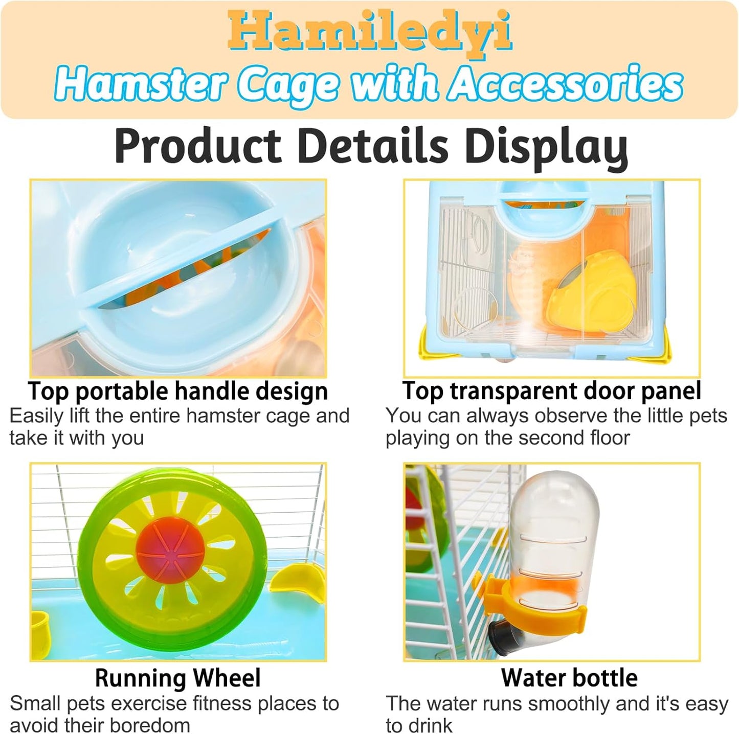 Hamiledyi Portable Hamster Cage 2 Layers Dwarf Hamster Habitat Small Animal Travel Cage with Exercise Wheel Hamster Enclosure Mouse Cage for Hamsters Mice Gerbils or Other Tiny Pets