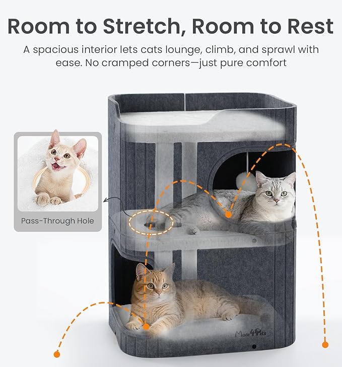 Made4Pets Cat House for Indoor Use, 2-Storey Cube Bed Cave, Covered Hideaway Condo with Scratch-Resistant Felt, Foldable Easy-to-Clean Design for Multi-Cat Homes, Dark Grey