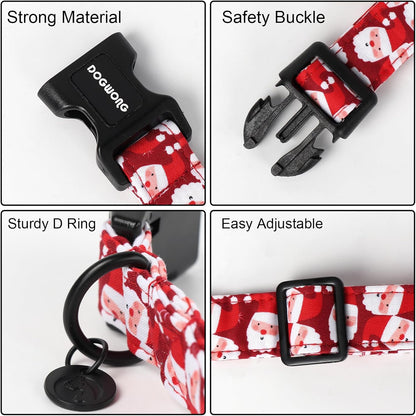 DOGWONG Christmas Cotton Dog Collar, Red Santa Claus Dog Collar Durable Holiday Pet Dog Collars Cute Puppy Necklace for Small Medium Large Dogs,XL