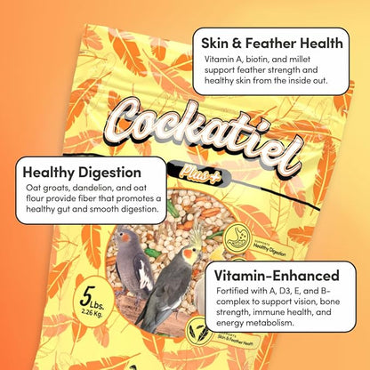 Mycelium Organic Cockatiel Plus Feed (5 LB Bag) | Complete Bird Seed Mix for Cockatiels with Vitamins & Minerals | Supports Digestion, Feather Health & Immune Function | Non-GMO, USA-Grown Ingredients