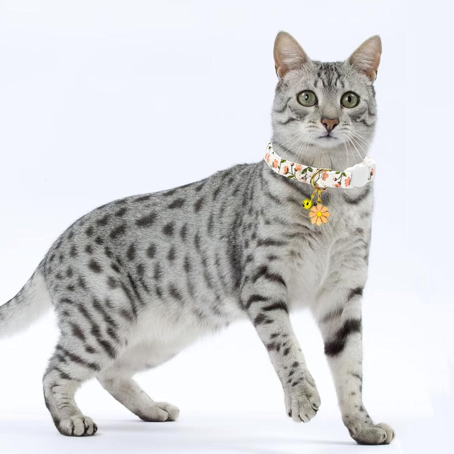 2 Pack Cotton Breakaway Cat Collars Set with Bell and Flower Pendant, Cute Floral Fruit Patterned, Adjustable 7.5-11Inch, Include A Mouse Toy Gift