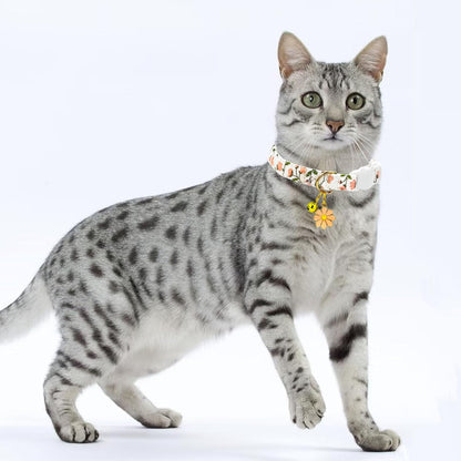 2 Pack Cotton Breakaway Cat Collars Set with Bell and Flower Pendant, Cute Floral Fruit Patterned, Adjustable 7.5-11Inch, Include A Mouse Toy Gift