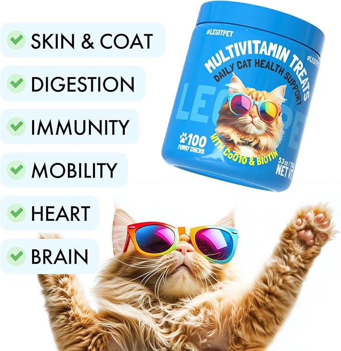 Multivitamin Cat Treats Vitamins for Indoor Cats Skin & Coat Digestion Immunity Mobility Heart & Brain Support Supplements for Overall Cat Health with Vitamins A B C D E and Biotin 100 Yummy Chews