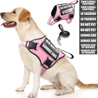 Service Dog Vest Harness and Leash Set+10 Patches,No Pull&Easy Walk Reflective Dog Harness with Soft Padded Handle for Training/Everyday,Fit Small/Medium/Large/Extra-Large Dogs(Pink M)