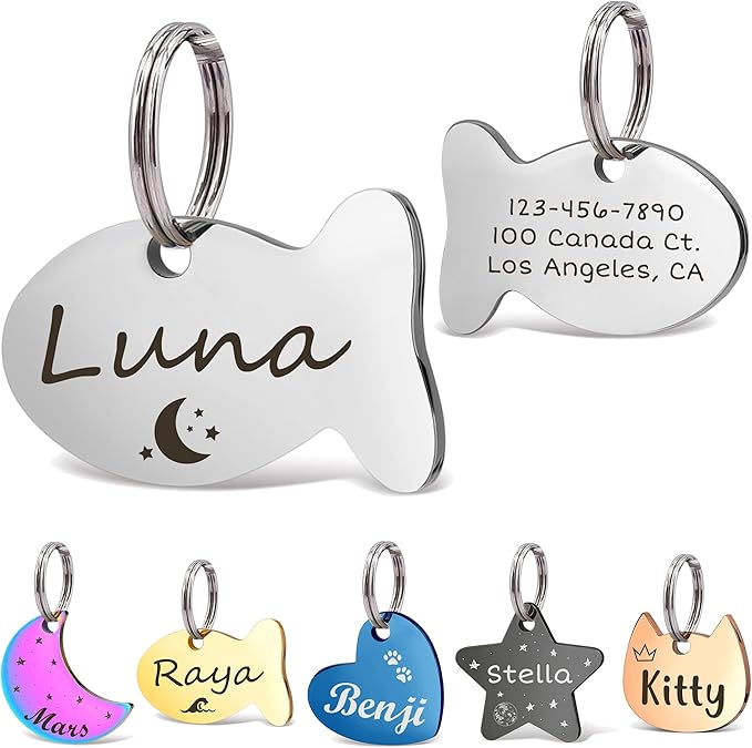 Anavia Small Size Dog Cat ID Tags, Small/XS Personalized Color Plated Stainless Steel Puppy Kitten Name Tags, Customized Engraved Nameplate Pet Collar Tag (Silver, Fish)
