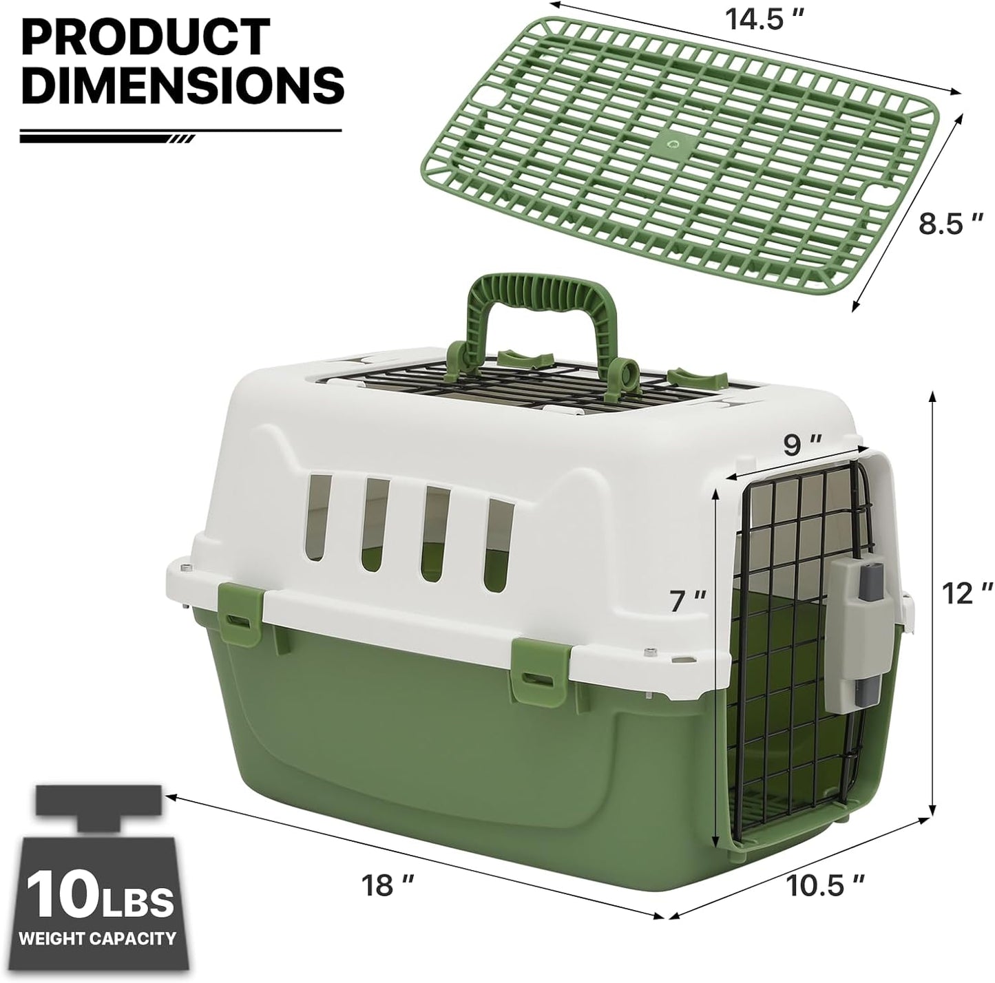 MoNiBloom 18-Inch 2-Door Top Loading Cat Carrier, Plastic Dog Crate Hard-Sided Dog Travel Carrier for Small Dogs and Cats, Ventilation and Security Lock Design for Pets up to 10 lbs (Green)