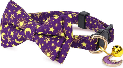 2 Pack Cotton Cat Collar with Bow Tie and Bell for Girl Boy Cats,Cute Purple Moon and Blue Cloud Pattern Spring Summer Breakaway Cat Collar for Male Female Cats(Moon&Cloud)