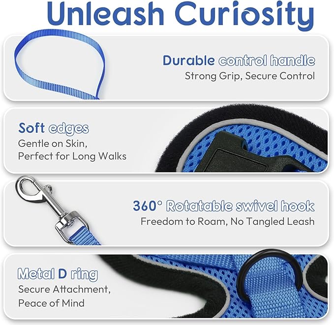 Dooradar Cat Harness and Leash Set, Escape Proof Safe Adjustable Kitten Vest Harnesses for Walking, Easy Control Soft Breathable Mesh Jacket with Reflective Strips for Cats, Blue, M