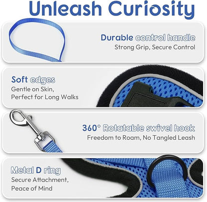 Dooradar Cat Harness and Leash Set, Escape Proof Safe Adjustable Kitten Vest Harnesses for Walking, Easy Control Soft Breathable Mesh Jacket with Reflective Strips for Cats, Blue, M