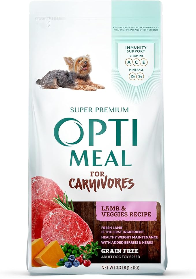 Optimeal Toy Breed Dry Dog Food – Grain Free Small Kibble for Small Dogs, High Protein, Natural Ingredients, Skin & Digestive Support, Premium Nutrition – Lamb & Veggies, 3.3 lbs