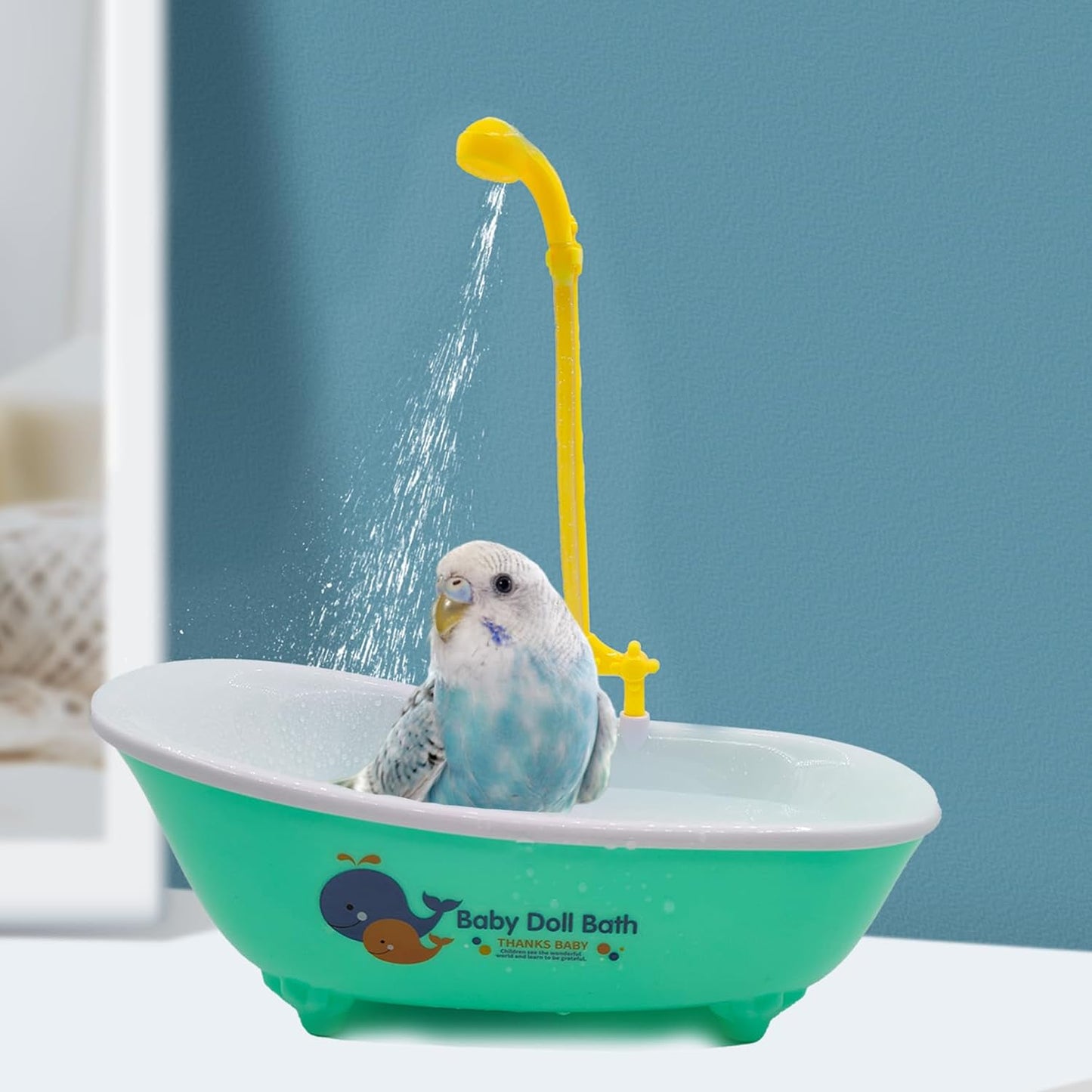 Parrot Automatic Bathtub with Shower, Cute Durable Bird Bath Shower Tub Birds Bath Fountain for Small Medium Parrots Cockatiel Parakeets Conures Lovebirds(Green 10.2 x 4.0 x 11.02Inch)