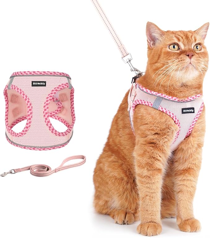 Rttochfy Cat Harness and Leash Set, Escape Proof Kitten Harness, Soft and Breathable Vest with Reflective Strip, Easy to Wear for Cats Walking and Traveling (Pink, XS)