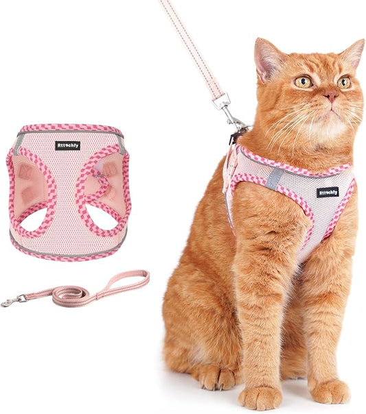Rttochfy Cat Harness and Leash Set, Escape Proof Kitten Harness, Soft and Breathable Vest with Reflective Strip, Easy to Wear for Cats Walking and Traveling (Pink, XS)