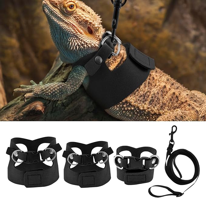 3 Pcs Bearded Dragon Harness and Leash Set, 3 Sizes Adjustable Soft Leather Lizard Harness with Leash, Small Animal Traction Rope Training Walking Vest for Bearded Dragon Lizard Squirrel (Black、)