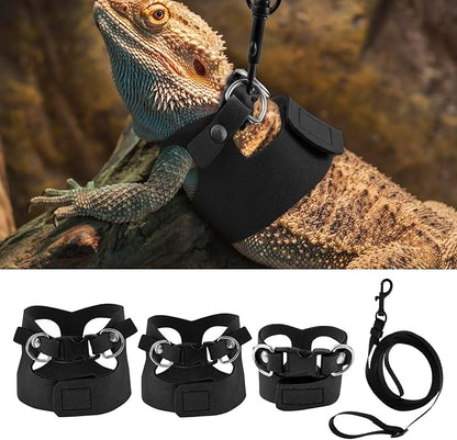 3 Pcs Bearded Dragon Harness and Leash Set, 3 Sizes Adjustable Soft Leather Lizard Harness with Leash, Small Animal Traction Rope Training Walking Vest for Bearded Dragon Lizard Squirrel (Black、)