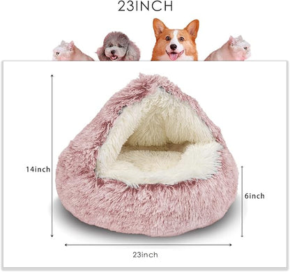 ShinHye Cat Bed Round Plush Fluffy Hooded Cat Bed Cave, Cozy for Indoor Cats or Small Dog beds, Soothing Pet Beds Doughnut Calm Anti-nxiety Dog Bed - Waterproof Bottom Washable (26×26inch, Pink)