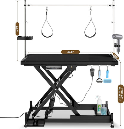 Electric Lift Dog Grooming Table, Upgrade 50 Inch Heavy Duty Professional Pet Grooming Table with Tool Organizer for Large Dogs at Home with Adjustable Overhead Arms and 2 Grooming Noose, Black