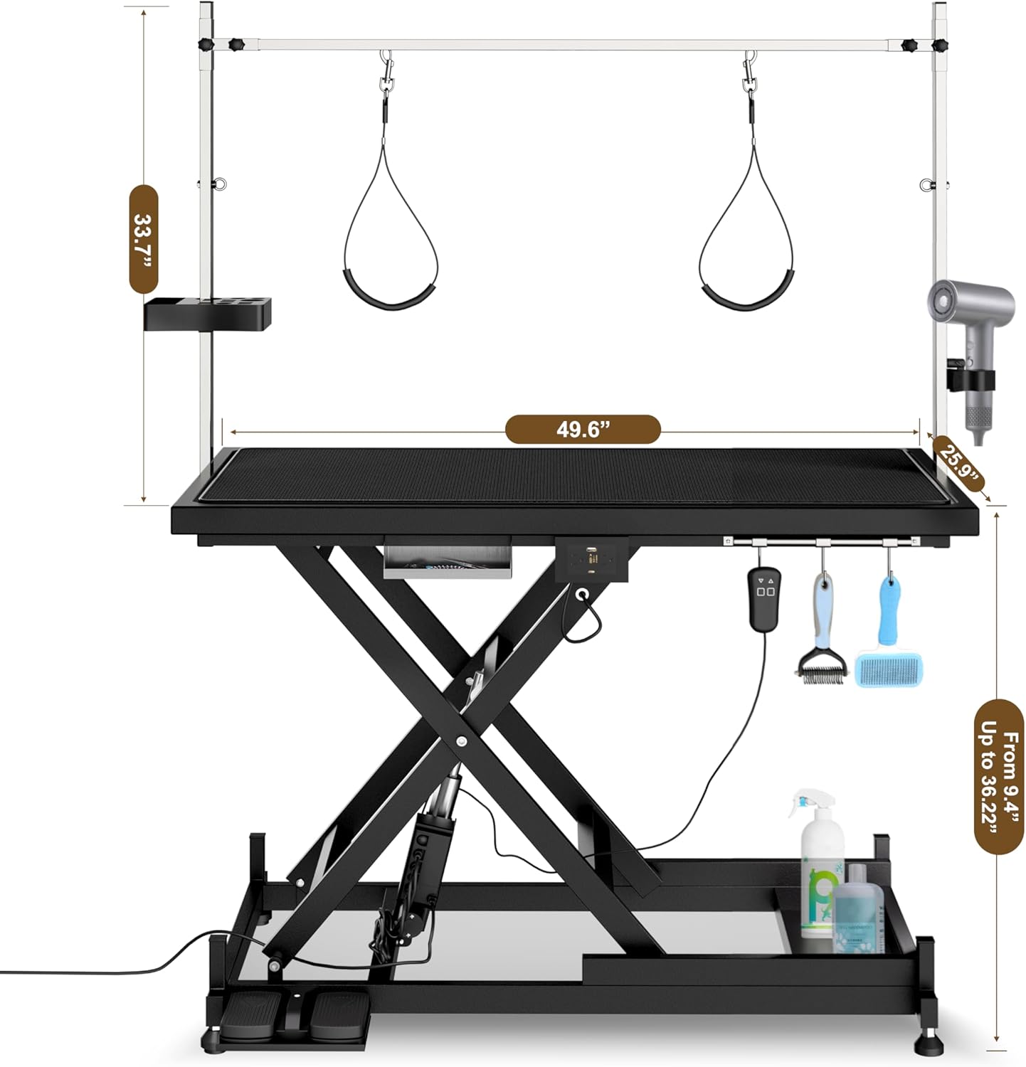 50" Electric Dog Grooming Table 9"- 37" Height Adjustable Heavy Duty Professional Lift Dog Grooming Table for Large Dogs with 2 Nooses, 4in1 Comb & Nail Care Set, Blow Dryer Clip Black