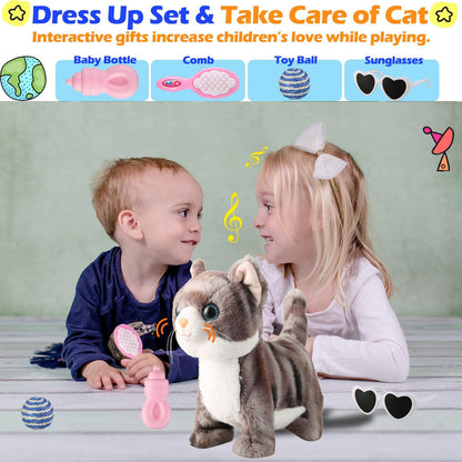 Gray Walking Cat Set Singing That Purrs and Meows Animated Plush Robot Kitten with Leash Moving Plush Stuffed Animal Remote Control Cute Kawai Robotic Kitty Electronic Kitten Toy for Girl Kid