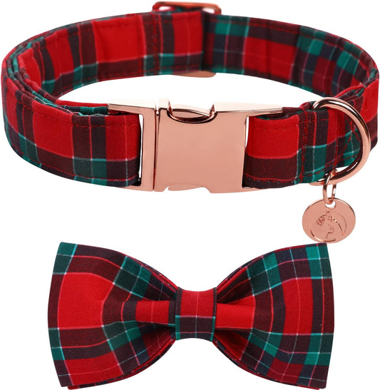 DOGWONG Christmas Dog Collar with Bow tie, Red Plaid Dog Collar Soft Durable Adjustable Cotton Red Green Tartan Puppy Collar for Small Medium Large Dog