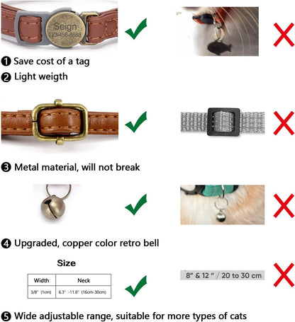 Cat Collar Breakaway, Personalized Leather Cat Collar with Bells-Adjustable Customized Collar with Name & Phone Number Tag for Girl Boy Cats -Quick Release Buckle for Cats & Kittens(Brown)