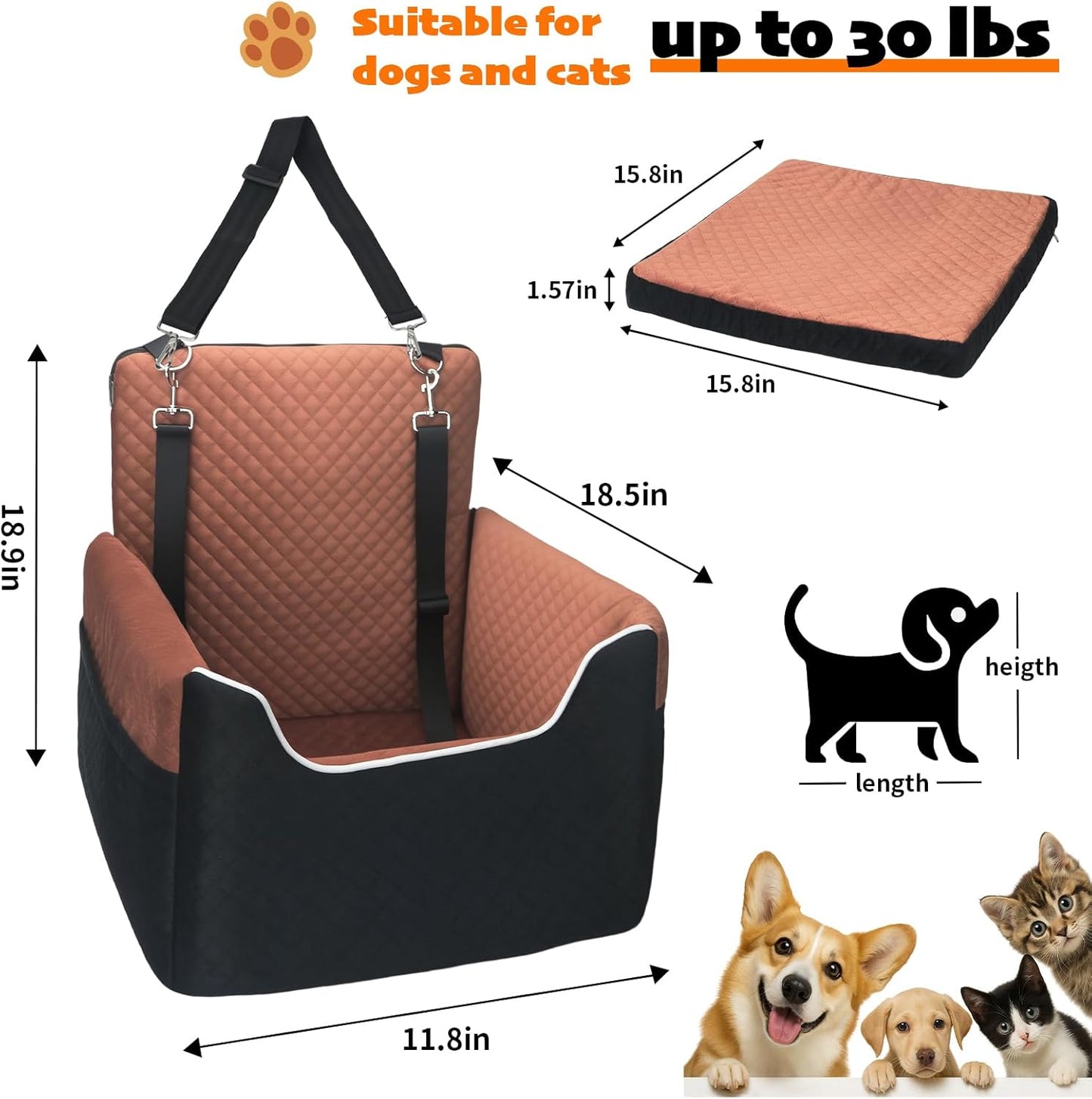 ALL GOOD PET SUPPLIES Dog Car Seat for Small/Medium Dogs, Dog Booster car seat, Memory Foam Elevated Cushion, Fully Detachable and Washable,2 Clip-On Safety Leashes, Anti-Slip