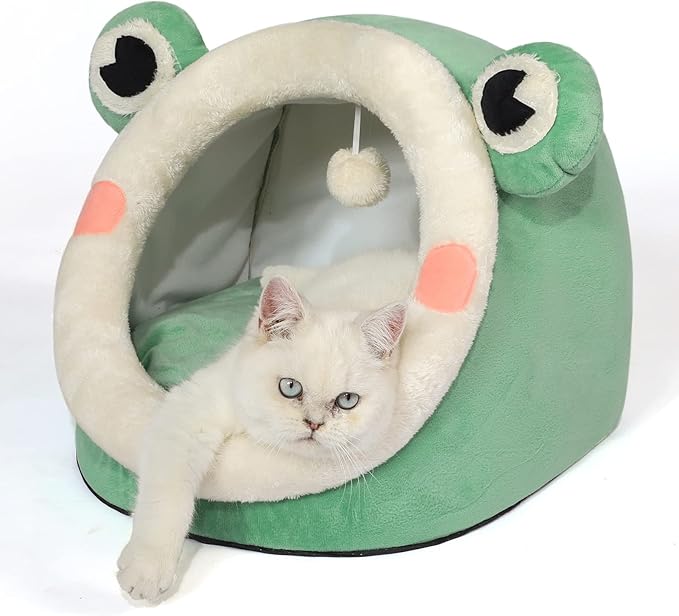 Jiupety Cute Cat Bed, Indoor Lovely Velvet Igloo for Cat and Small Dog, Warm Cave Sleeping Nest Bed for Puppy and Kitten, Green Frog, M
