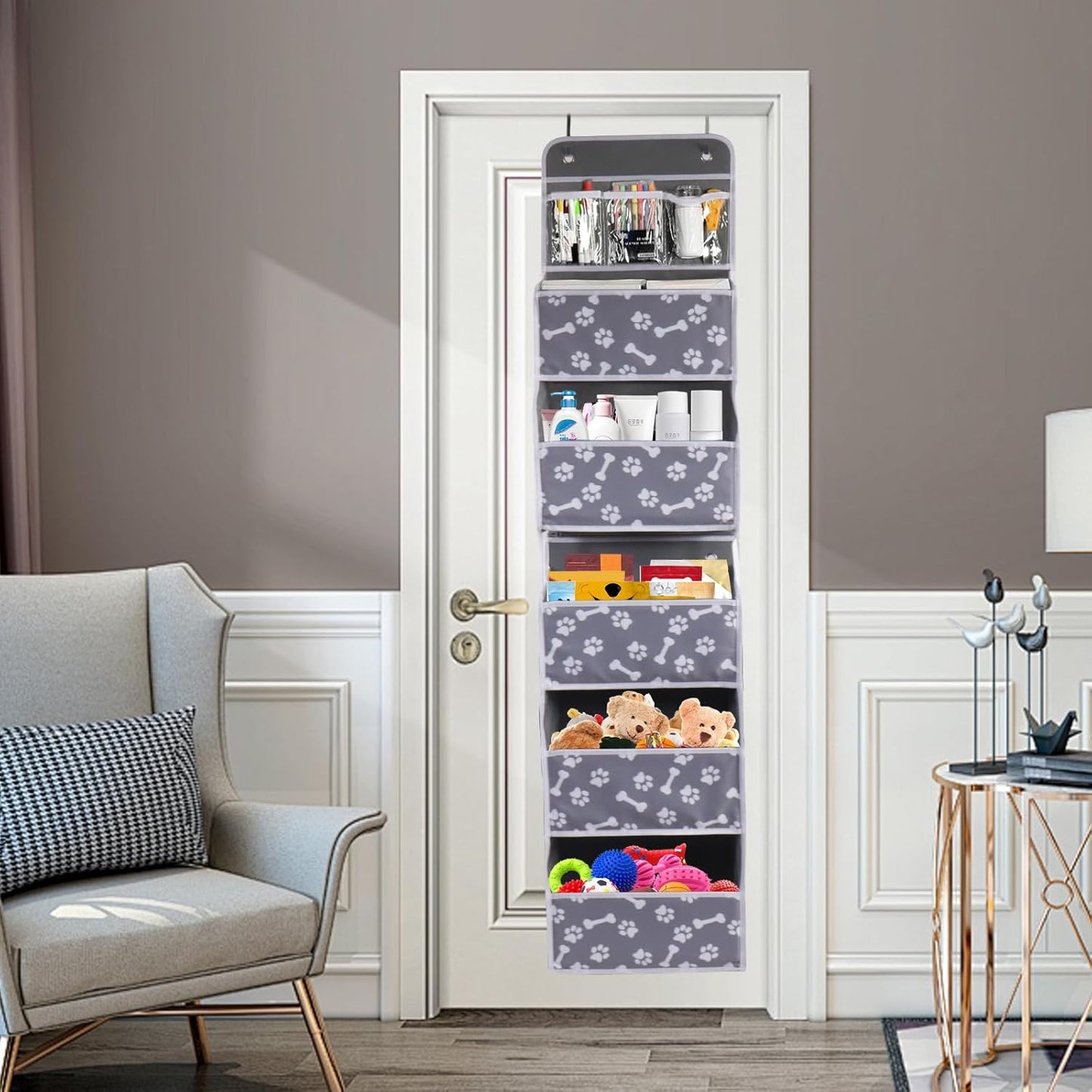 Dog Toy Basket - 5-Shelf Hanging Organizer with 2 Metal Hooks, 5 Pockets for Dog Leash, Harness, Toys & Treats - 62.5''(H) Bone Claw Print