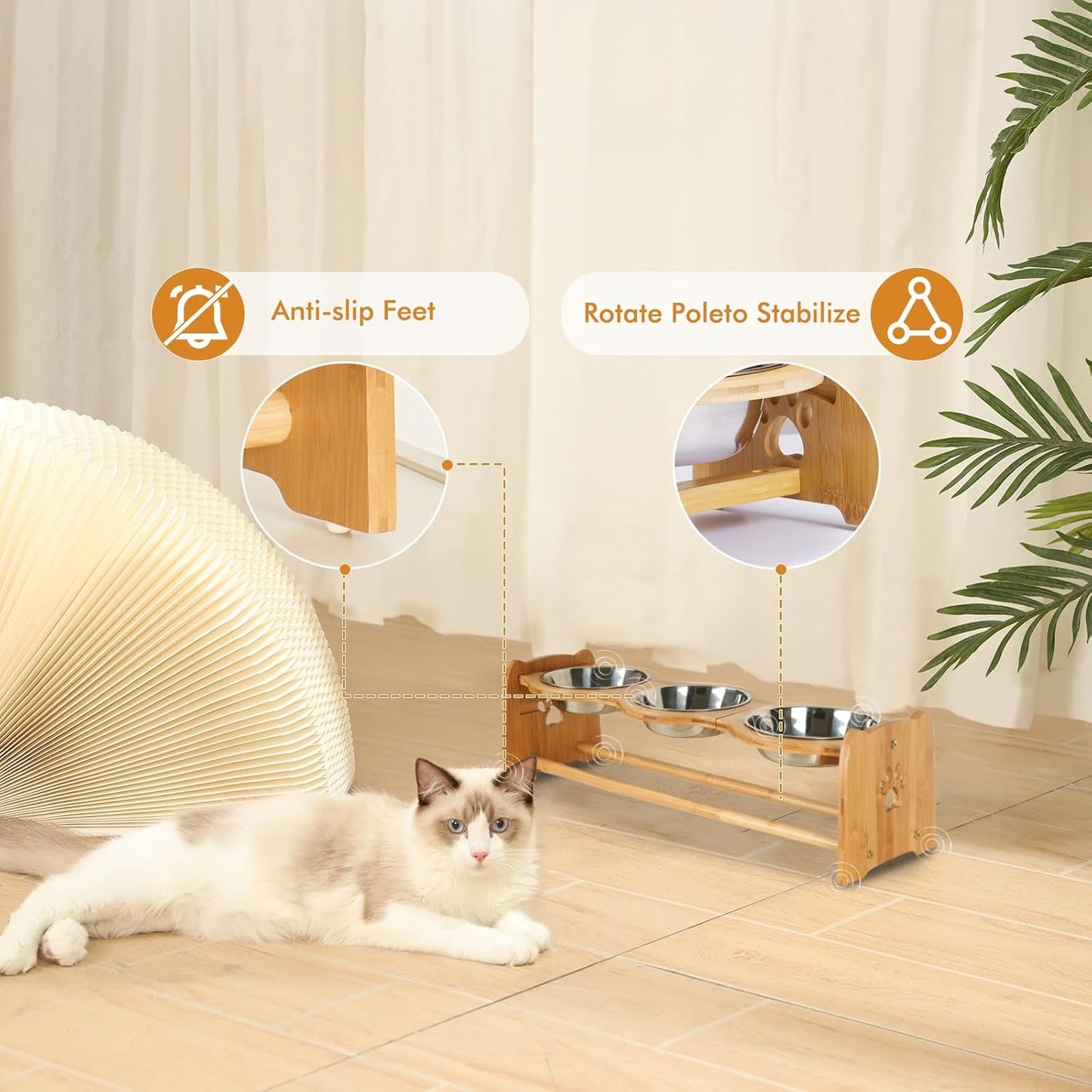 X-ZONE PET Elevated Dog Bowls for Cats and Dogs, Adjustable Bamboo Raised Bowls for Medium Dog, Food and Water Bowls Set Stand Feeder with 2 Stainless Steel Bowls Anti Slip Feet (Height 4.7" to 7")