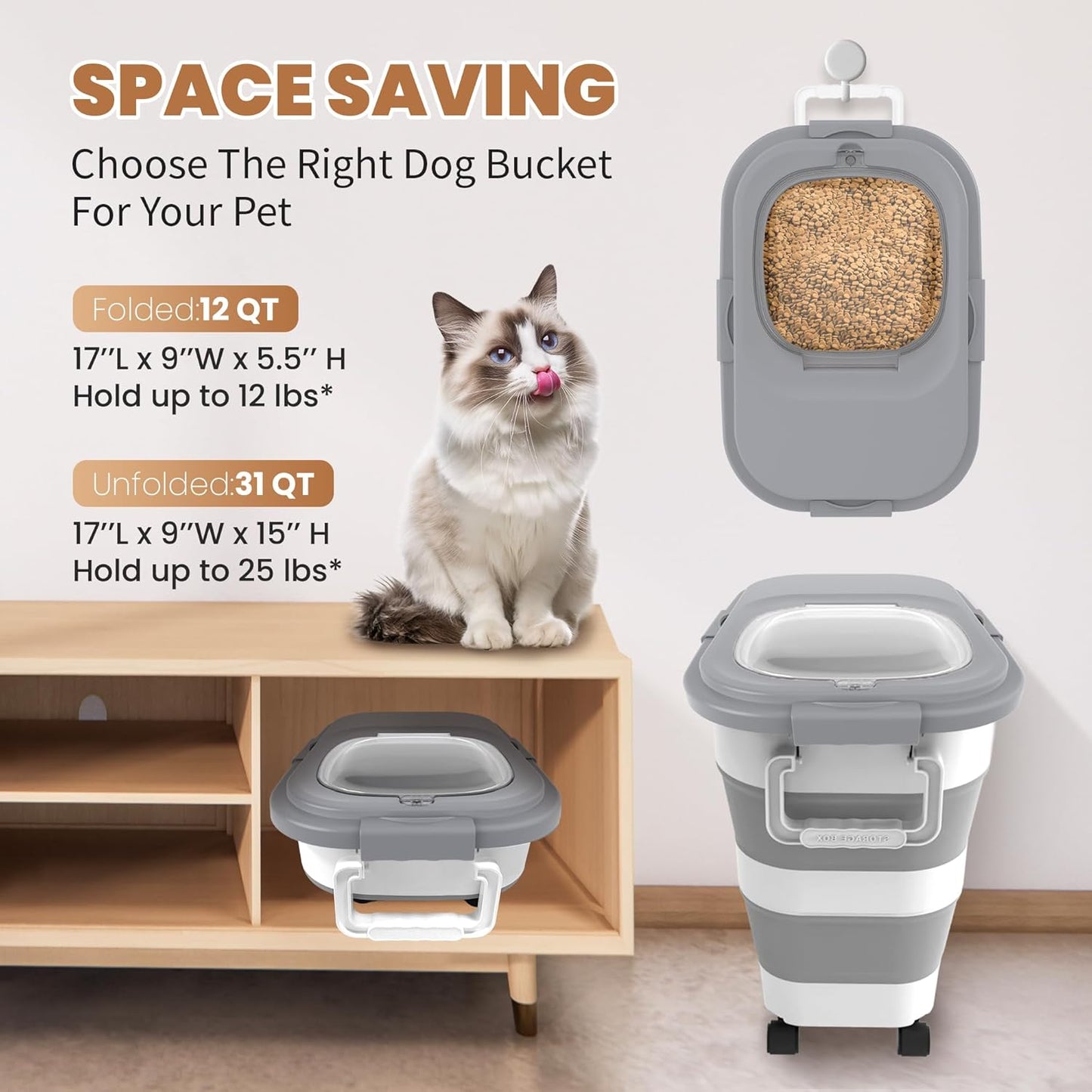 23-25 Lbs Airtight Dog Food Storage Container,Collapsible Pet food storage Container,All-in-One Cat Food Container Set with Scoops,Can Covers & Can Opener Spoons,Small Bin and Waste Bags