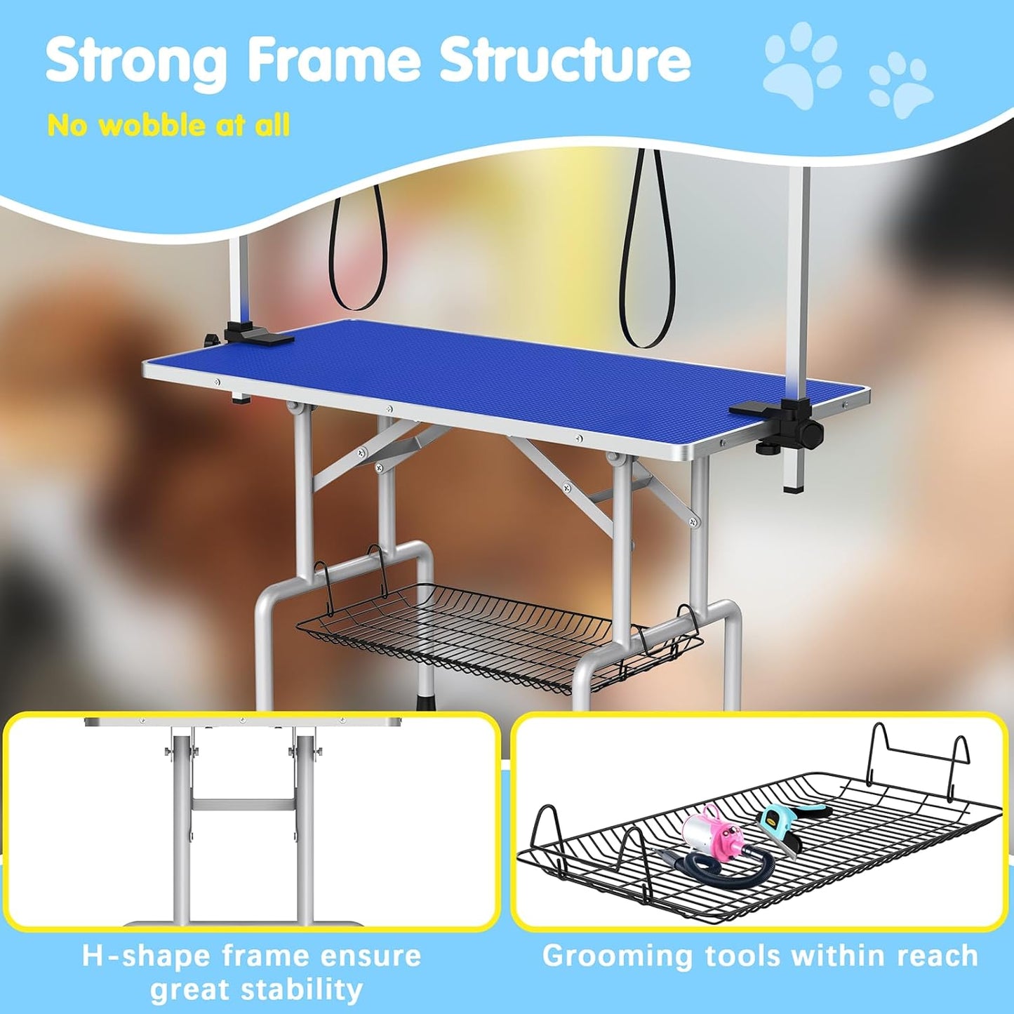 Lyromix 42''Large Dog Grooming Table, Adjustable Cat Drying Desktop with Arms, Nooses, Mesh Tray, Foldable Pet Station at Home, Maximum Capacity Up to 330Lb, 42inch, Blue