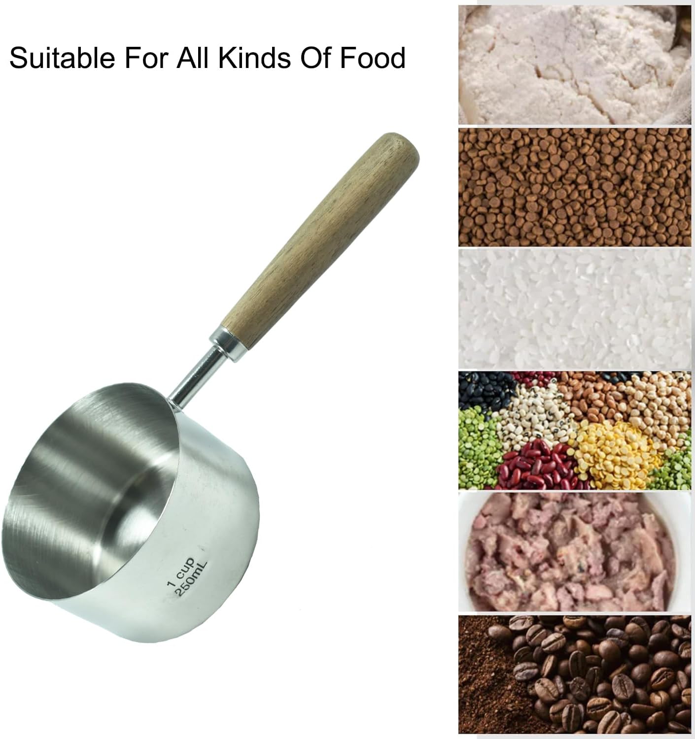 1 Cup Stainless Steel Dog Cat Food Measuring Scoop for Dry and Wet Food, Accurate Measurement for Rice, Flour, Grain (Long Handle Silver)