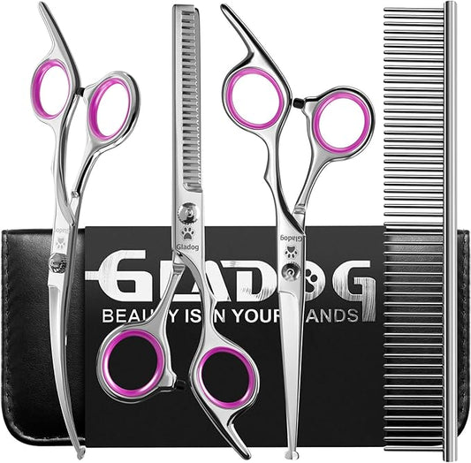 GLADOG Professional 5 in 1 Dog Grooming Scissors Set with Safety Round Tips, Sharp and Heavy-duty Pet Grooming Shears for Cats (Red)