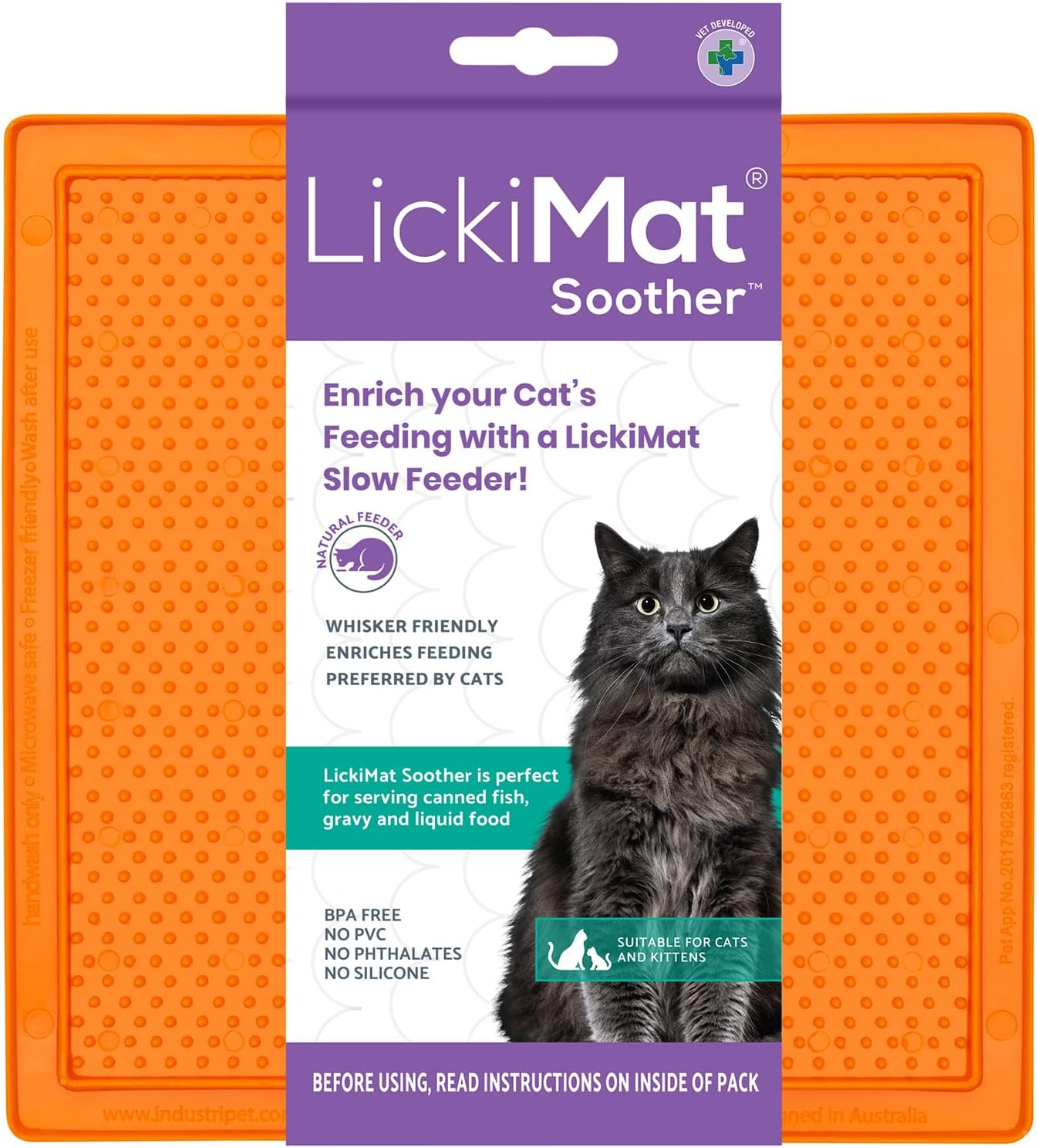 LickiMat Classic Soother, Cat Slow Feeder Lick Mat, Boredom Anxiety Reducer; Perfect for Food, Treats, Yogurt, or Peanut Butter. Fun Alternative to a Slow Feed Cat Bowl or Dish, Orange