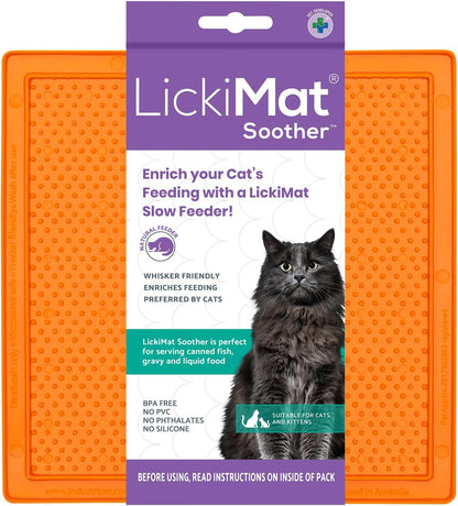 LickiMat Classic Soother, Cat Slow Feeder Lick Mat, Boredom Anxiety Reducer; Perfect for Food, Treats, Yogurt, or Peanut Butter. Fun Alternative to a Slow Feed Cat Bowl or Dish, Orange
