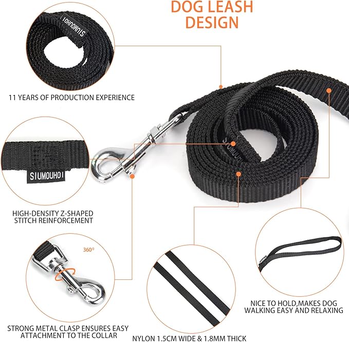 6 FT Puppy Leashes, Strong Traditional Style Leash with Easy to Use Collar Hook,Dog Lead Great for Small and Medium and Large Dog (Black, 5/8 in x 6 ft)