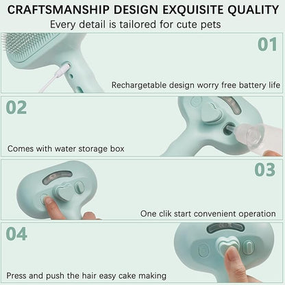 Pet Steam Brush for Cats and Dogs, 3 In 1 Steamy Cat Brush with Release Button and Tank, Anti-Static Pet Spray Hair Removal Comb, Rechargeable Dog Steam Comb for Furry (Blue)