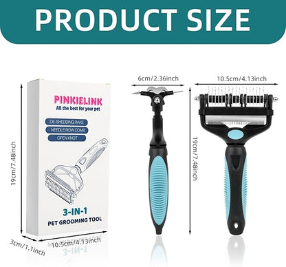 3-IN-1 Pet Grooming Tool - Undercoat Rake, Dematting Comb & Deshedding Brush for Cats & Dogs - Removes Mats, Tangles & Loose Fur, Reduces Shedding & Prevents Hair Mess (Blue)