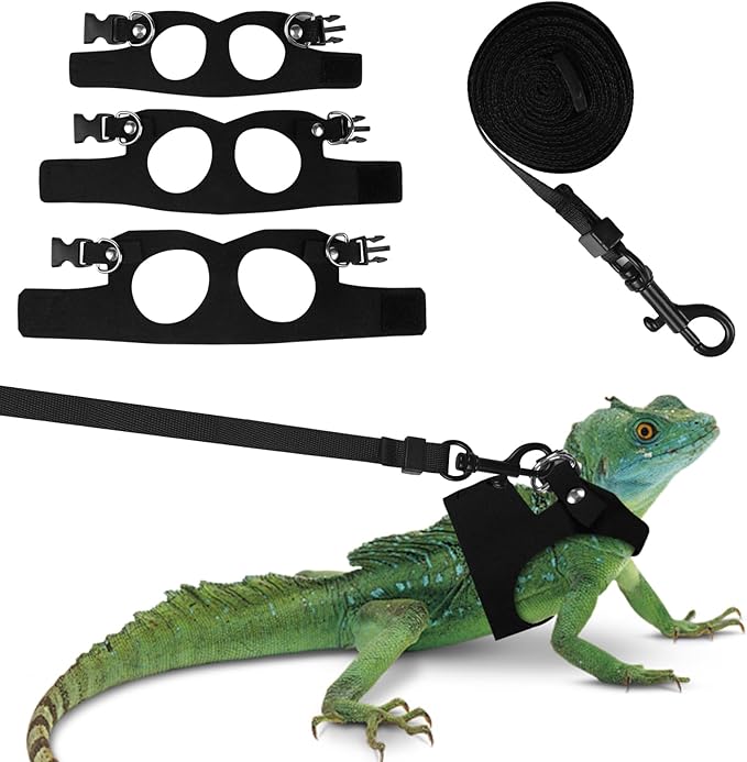 Bearded Dragon Harness Leash Set 3 Size Adjustable Lizards Training Walking Leather Vest Escape-Proof Traction Rope for Outdoor Small Reptiles Animal Squirrels (Black)