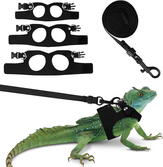 Bearded Dragon Harness Leash Set 3 Size Adjustable Lizards Training Walking Leather Vest Escape-Proof Traction Rope for Outdoor Small Reptiles Animal Squirrels (Black)