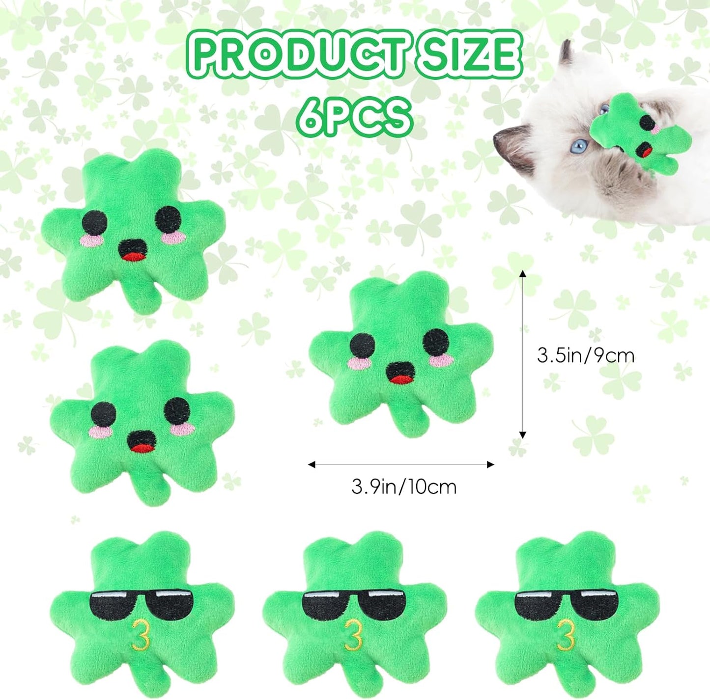 6pcs St. Patrick's Day Shamrock Catnip Toy，Indoor Shamrock Shaped Cat Toy Plush Interactive Chew Bite Toys for Cat Kitten Indoor Festive Holiday Cat Lover Gift