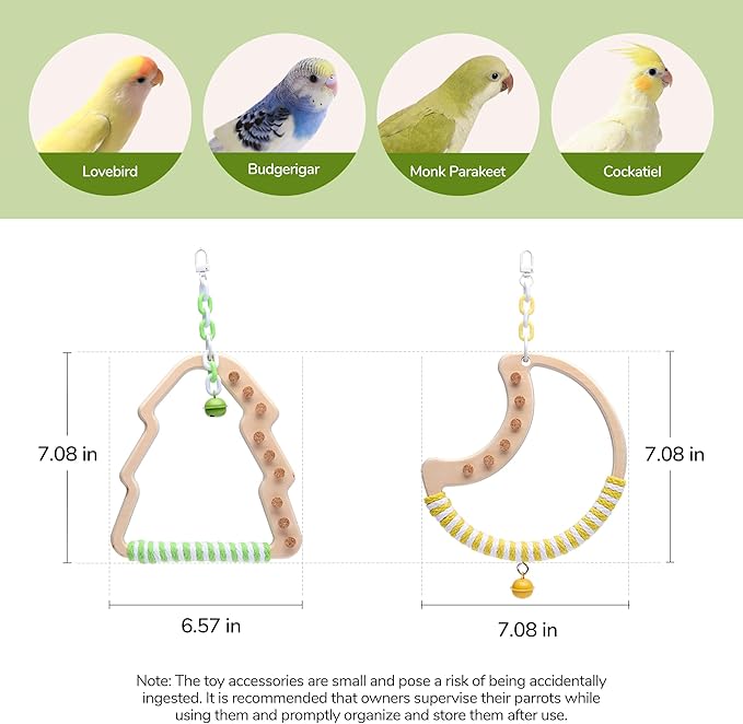 Natural Bird Swing - Moon-Shaped Parrot Perch with Bell and Cork Toys, Spinning Wooden Stand for Parakeets, Budgies, Lovebirds and Small/Medium Birds (White + Yellow)