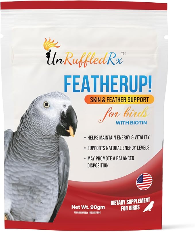 UnRuffledRx FeatherUp! Bird Vitamins with Biotin for Beautiful Plumage - Feather Growth Supplements for Parrots - 90 gm - 240 Servings