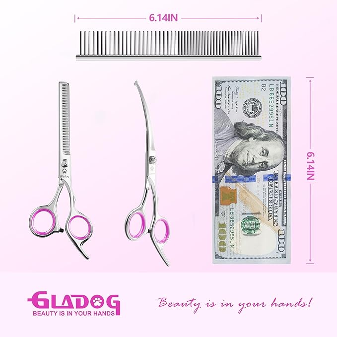 GLADOG Professional 4 in 1 Dog Grooming Scissors Set with Safety Round Tips, Sharp and Heavy-duty Pet Grooming Shears for Cats (Red)