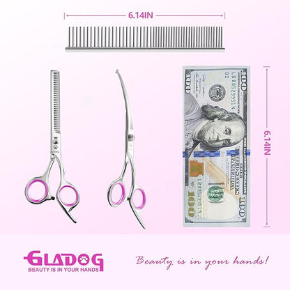 GLADOG Professional 4 in 1 Dog Grooming Scissors Set with Safety Round Tips, Sharp and Heavy-duty Pet Grooming Shears for Cats (Red)