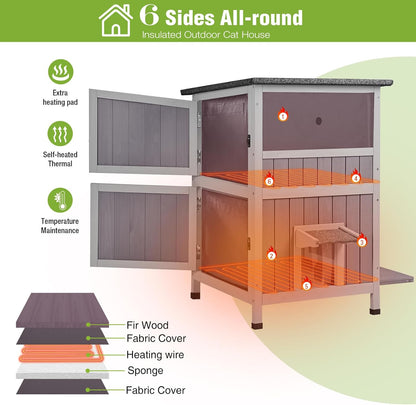 GUTINNEEN 2-Story Heated Cat House Large Outdoor Insulated Cat House Weatherproof Feral Cat Shelter with Heated Pad, Insulated All-Round Thermal Liner for 1-4 Cats (Winter-Ready)