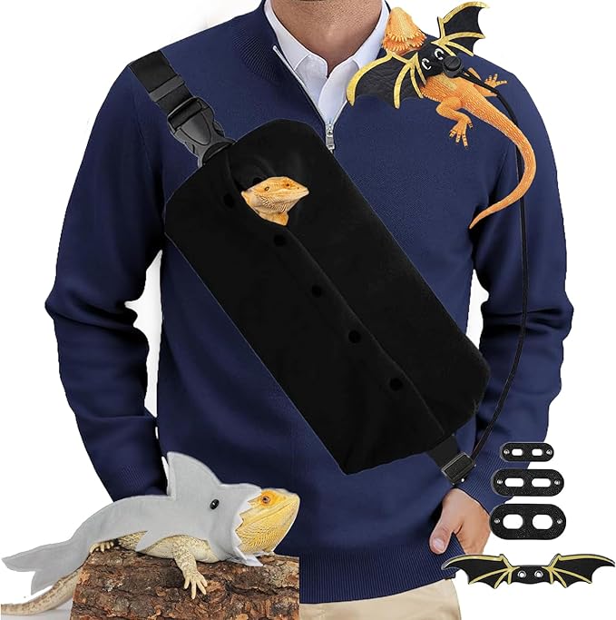 Black Bearded Dragon Carrier Set, Reptile Carrier Kit Includes Bearded Dragon Leash, Shark Costume, Bearded Dragon Harness Vest with Costume for Small Pets Travel